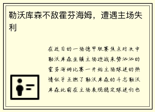 勒沃库森不敌霍芬海姆，遭遇主场失利