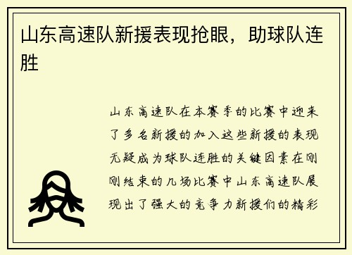 山东高速队新援表现抢眼，助球队连胜