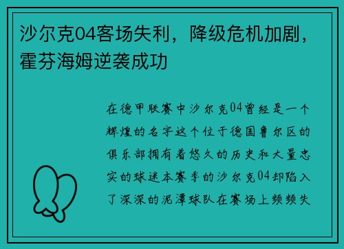 沙尔克04客场失利，降级危机加剧，霍芬海姆逆袭成功